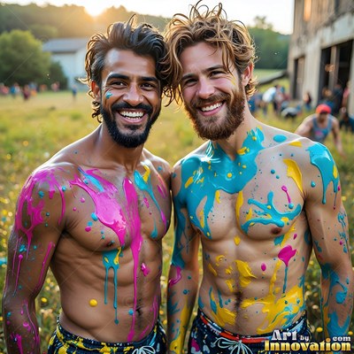 Two shirtless men smiling with bright pink and blue paint on their skin