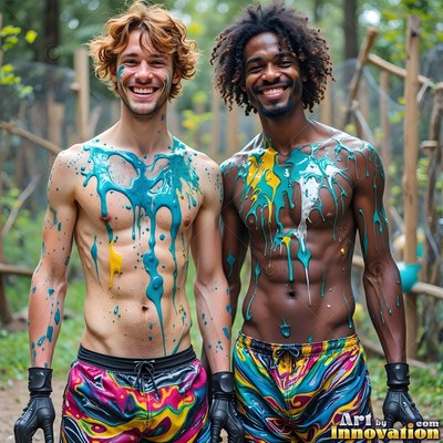 Two shirtless men stand smiling together covered in dripping blue and yellow paint