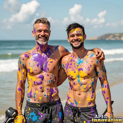 Two grinning bare-chested men stand on a sunny beach covered in purple and yellow paint splatters