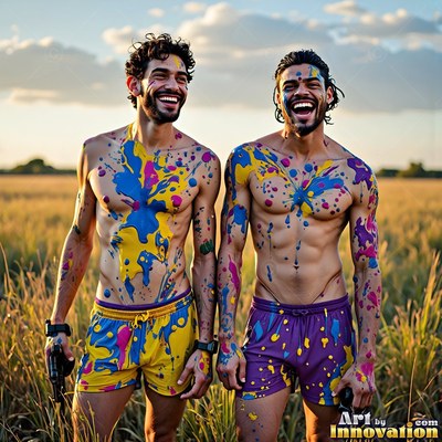 Smiling in a grassy field, two bare-chested men stand covered in blue and yellow paint