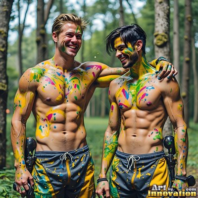 Two shirtless men are standing smiling in a forest, covered in splashes of bright yellow paint