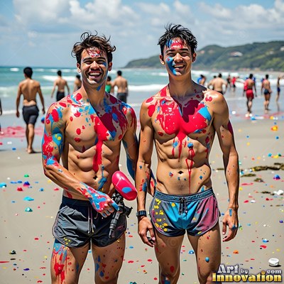 Standing close together on a sunny beach, two shirtless men smile covered in paint splatters