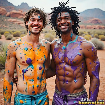 Two smiling bare-chested men stand outdoors covered in orange and purple paint splatters