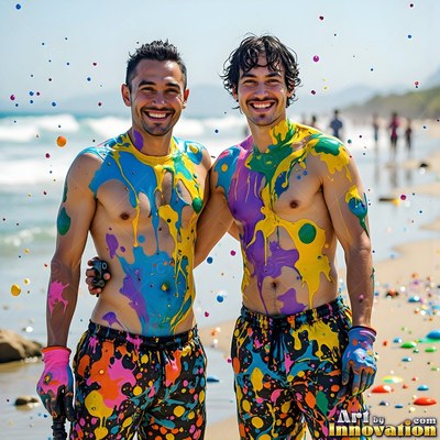 Two bare-chested men smile on a beach, their chests covered in bright yellow and blue paint splatter