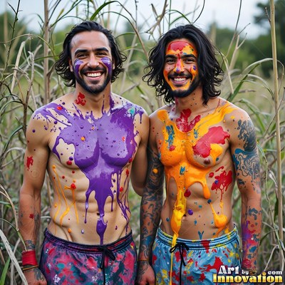 Two smiling bare-chested men stand in tall grass covered in purple and yellow paint