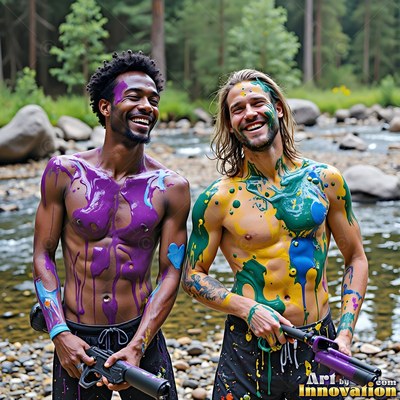 By a shallow rocky river, two shirtless men smile covered in purple and green paint
