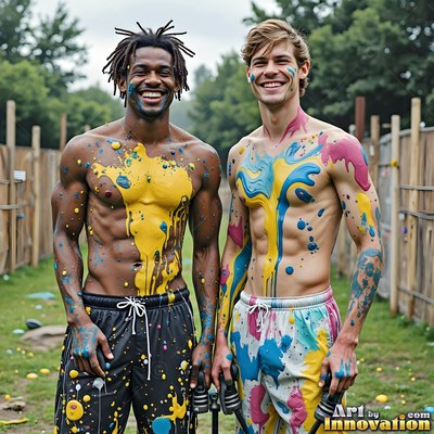 Smiling outdoors, two shirtless men stand covered in yellow and blue paint
