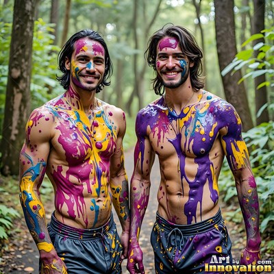 Two shirtless men covered in paint smile together outside