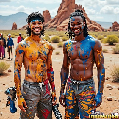 Blue and yellow paint splattered on shirtless men standing in a sunny desert