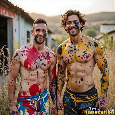 Two shirtless men smile outdoors, their chests splattered in red and yellow paint
