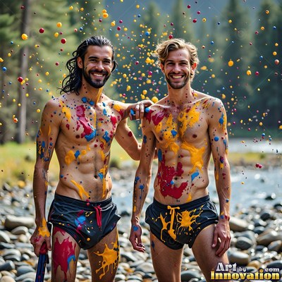 Standing side by side on river stones, two bare-chested men smile covered in paint splatter