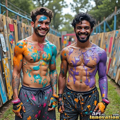 Two shirtless men grin outdoors covered in splashes of teal and purple paint