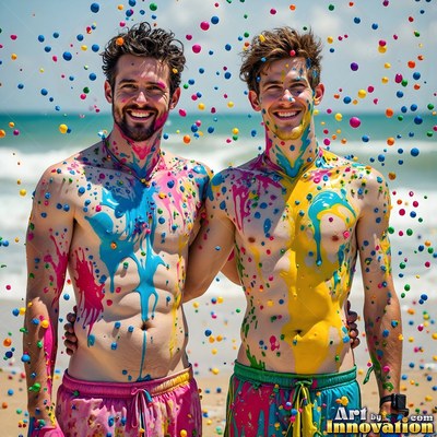 On a sunny beach, two shirtless men grin covered in colorful paint drips