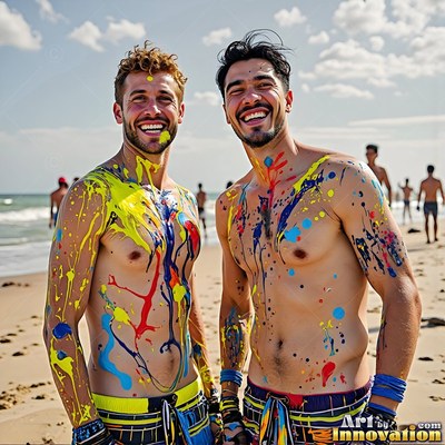 Two smiling shirtless men covered in bright paint stand together on a sunny beach