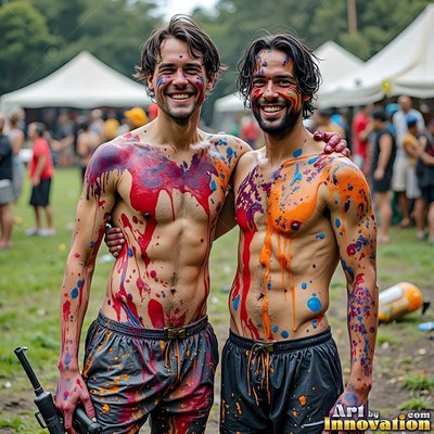 Two smiling bare-chested men covered in red and orange paint outdoors
