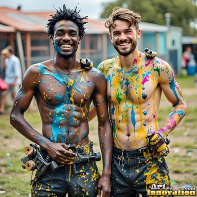 On a grassy field, two shirtless men grin covered in blue and yellow paint