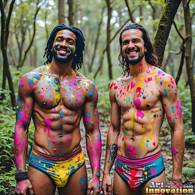 Smiling in the woods, two bare-chested men stand covered in pink and yellow paint splatters