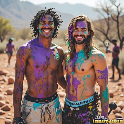 Splattered purple and teal paint coats two smiling bare-chested men outdoors on a sunny desert trail