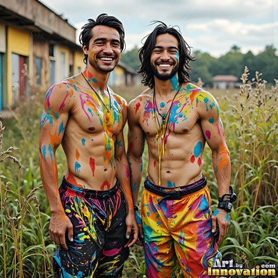 Two bare-chested men smile in an overgrown field, their skin covered in colorful paint splatters