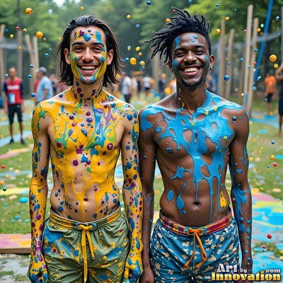 Two shirtless men smile outdoors, covered in yellow and bright blue paint