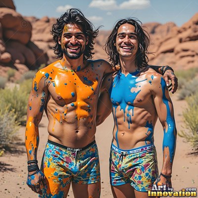 Two smiling men covered in orange and bright blue paint outdoors