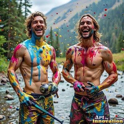 Two shirtless men laugh in a river, covered in splattered blue and red paint