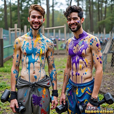 Standing next to each other outside, two bare-chested men grin covered in blue and purple paint