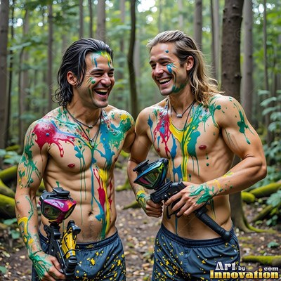 Two shirtless men covered in green and red paint laugh together in the woods