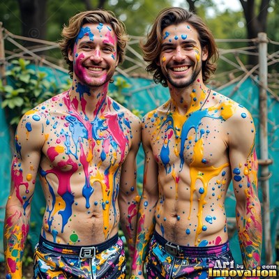 Two bare-chested men stand smiling outdoors, splashed with bright blue and yellow paint