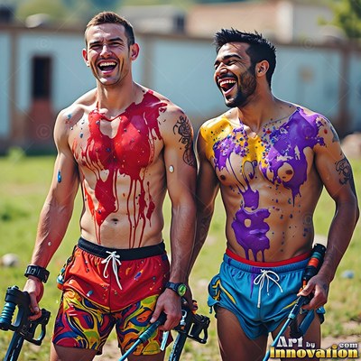 Laughing outdoors, two shirtless men are standing covered in red and purple paint