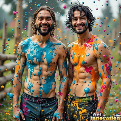 Thick paint dripping down their bare chests, two smiling men stand outdoors