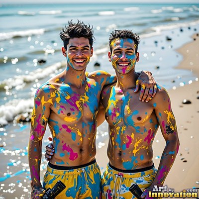 Standing shoulder to shoulder on a sunny beach, two shirtless men smile covered in colorful paint