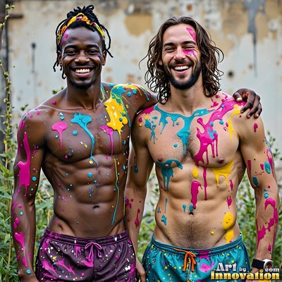 Outdoors, two shirtless smiling men stand covered in splashes of pink and yellow paint