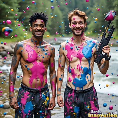 Grinning outdoors, two shirtless men are standing covered in pink and blue paint splatters
