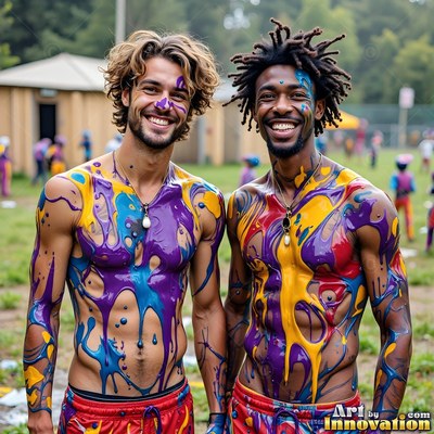 Two smiling shirtless men covered in bright blue and yellow paint outdoors
