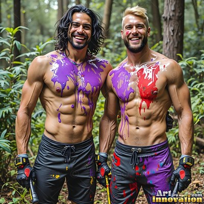 Purple and red paint splattered on shirtless men standing in a dense green forest