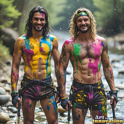 Standing next to each other in a rocky river, two shirtless men splashed with paint