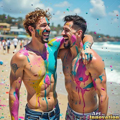 On a sunny beach, two shirtless men laugh covered in blue and pink paint