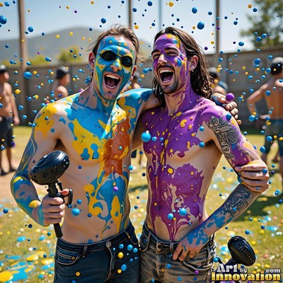 Splattered in bright blue and purple paint, two shirtless men laugh together outdoors in the sun