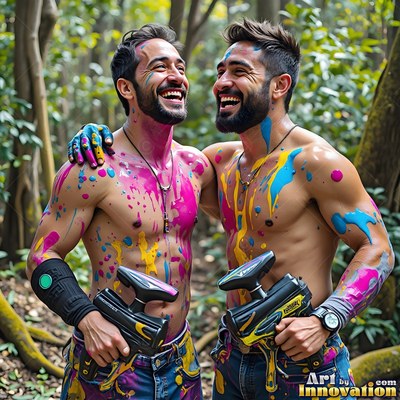 Two shirtless men laugh together outdoors, covered in bright pink and blue paint splatters