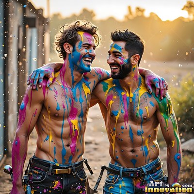 Two shirtless men laugh together outdoors, covered in bright pink, blue, and yellow paint