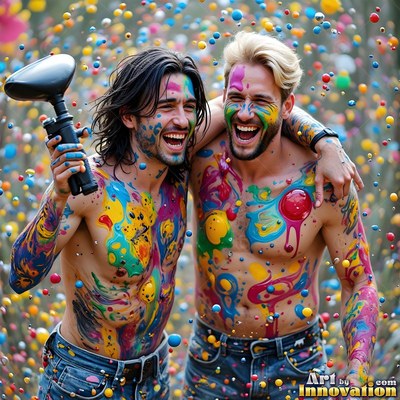 In a shower of paintballs, two shirtless men laugh covered in bright paint