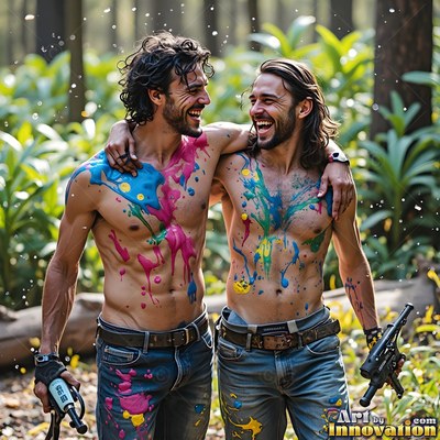 Laughing together in the woods, two shirtless men covered in bright paint hold markers