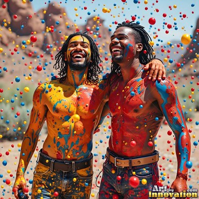 Two shirtless men covered in paint laughing in the desert