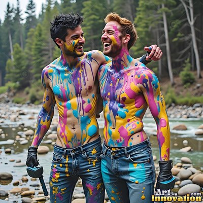 Two shirtless men laugh together outdoors, covered in drips of yellow and purple paint