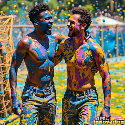 Standing together outdoors, two shirtless men laugh covered in blue and yellow paint