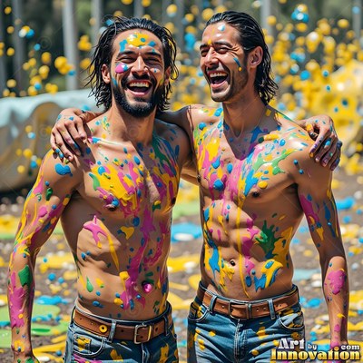 Two shirtless men laugh together outdoors while covered in blue and yellow paint