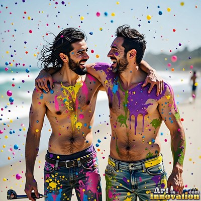 Laughing on a sunny beach, two shirtless men covered in bright paint hug each other