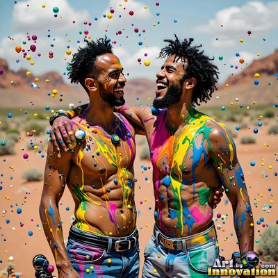 Two shirtless men laughing covered in bright paint outdoors