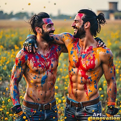 Splashes of red and yellow paint cover two shirtless men smiling together in a field of yellow flowers